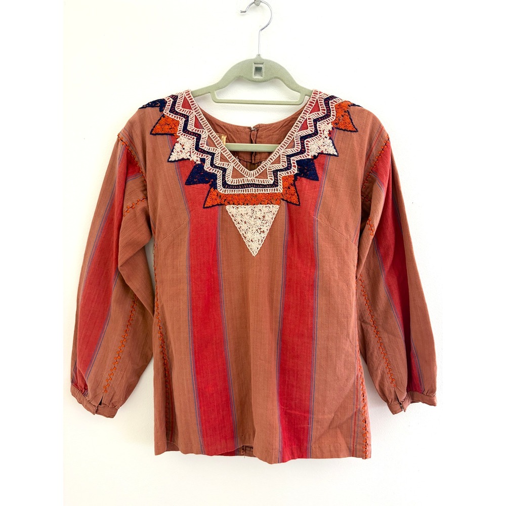 Vintage 1970s Girasol Mexican Boho Hand Embroidered Cotton Tunic Top Folk‎ XS